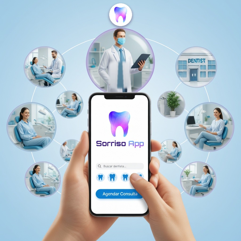 Paciente agendando consulta odontológica pelo Sorriso App cercado por cenas de clínicas parceiras